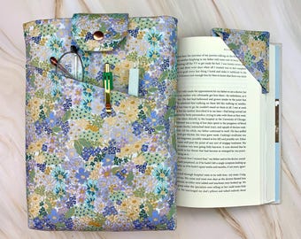 Large Padded Book Sleeve with Optional Corner Bookmark, Blue and Metallic Gold Book Pouch and Bookmark Gift Set