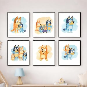 May include: A set of six square wall art prints featuring cartoon dog characters in blue and orange tones. The illustrations depict various scenes with the characters, including hugging, standing, and playing, set against soft watercolor-style backgrounds.