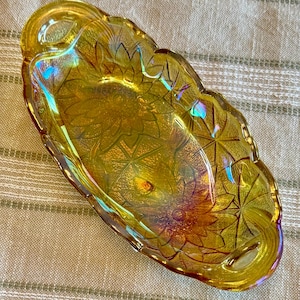 Vintage Indiana Carnival Glass Oval Dish, Iridescent Marigold -- MCM, 1970s