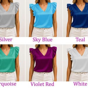 Women Satin Tank Tops V Neck Casual Cami Ruffle Sleeve Camisole Blouses Summer Basic Tank Shirt Everyday Summer Office Wear Top