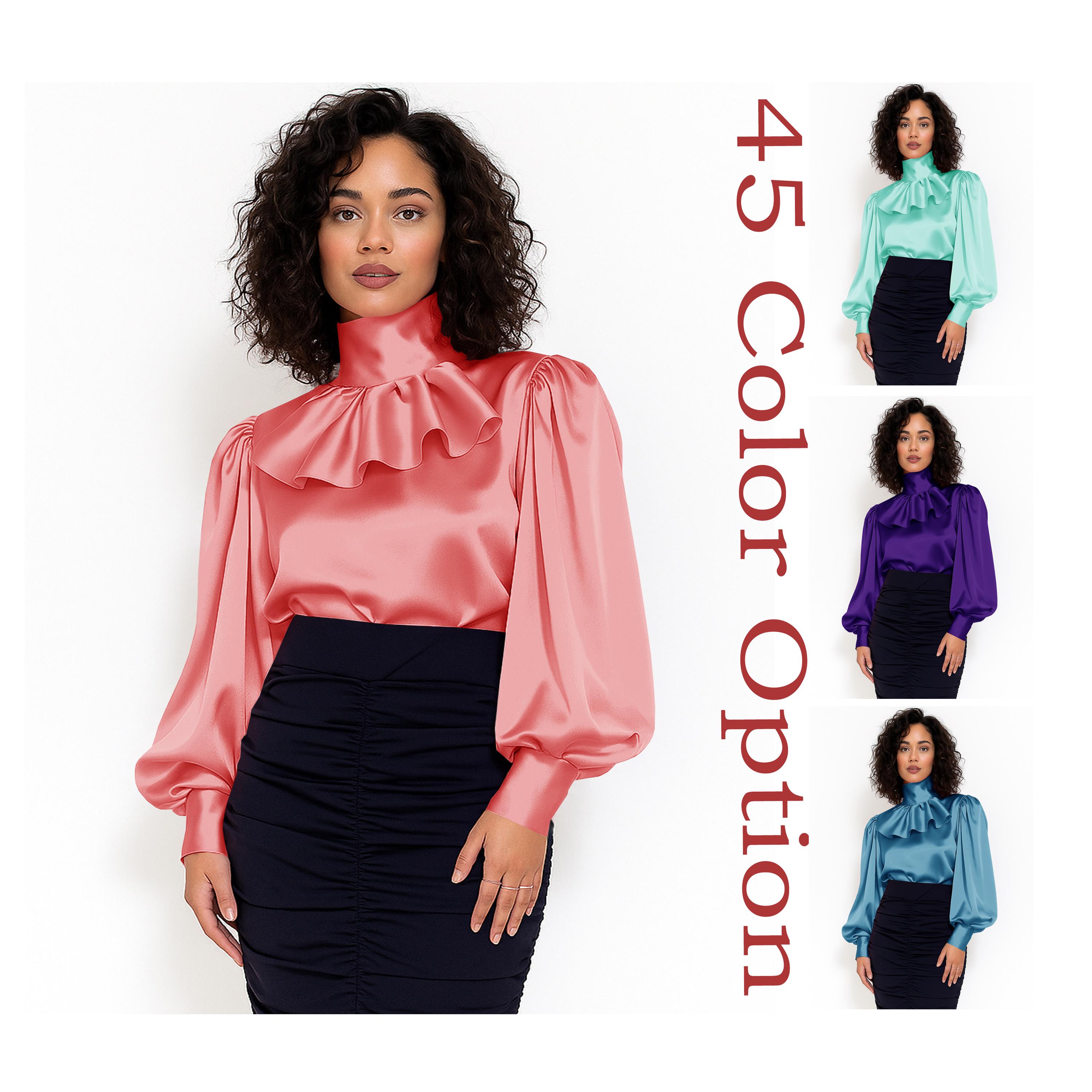 Women Vintage Satin Blouse | Victorian Collar Puff Sleeve Sissy