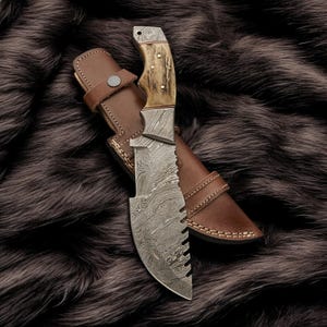 Handmade Damascus Steel Natural Stag Horn Tracker Knife With Leather Sheath , Hand Forged Custom Knife , Best Christmas Gift
