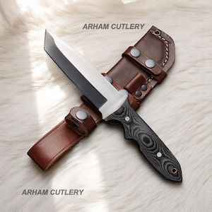 Handmade D2 Stainless Steel Modern Tanto Knife With Leather Sheath , Custom Hand Forged Tactical Knife With Leather Cover