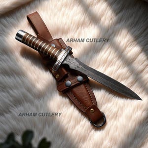 Damascus Steel Walnut Wood Handmade Knife With Leather Sheath , Hand Forged Damascus Steel Knife With Sheath , Gift For Him