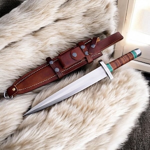 Hand Forged D2 Steel Viking Knife: Leather Sheath, Malachite Handle