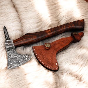 Custom Handmade Damascus Steel Tomahawk With Leather Sheath , Hand Forged Damascus Steel Axe With Rose Wood Handle