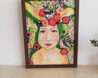 Original naive painting named 'Bride to be' / Rabbit painting /Folk art /Acrylic and collage painting