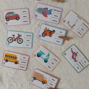 cartes à pinces véhicules , jeux éducatif , montessori