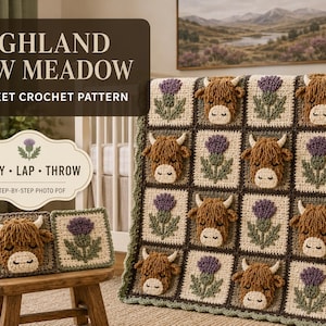 May include: A crochet blanket featuring a grid of alternating squares, each displaying either a textured brown Highland cow face or a purple thistle flower on a cream background, framed by a dark brown border and a scalloped sage green edge.