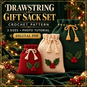 Peut inclure: Un patron de crochet PDF numérique pour un ensemble de sacs cadeaux à cordon en trois tailles avec tutoriel photo. L'image montre trois sacs crochetés en vert foncé, crème et rouge, chacun orné d'une applique de houx et de pompons.