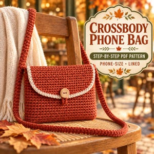 Op de afbeelding: Een roestkleurige gehaakte crossbody telefoontas met een crèmekleurige rand en een enkele houten knoopsluiting. De tekst op de afbeelding luidt: Crossbody Phone Bag, Step-by-Step PDF Pattern, Phone-Size, Lined.