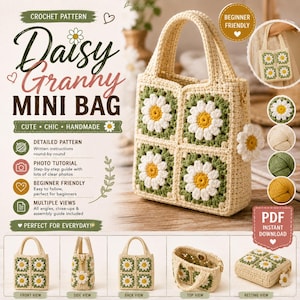 Op de afbeelding: Een haakpatroon voor een Daisy Granny minitas. De tas is gemaakt van crème, groen en geel garen, met vierkante madeliefjesmotieven aan de voorzijde. De afbeelding bevat tekst, meerdere aanzichten van de tas en voorbeelden van het garen.