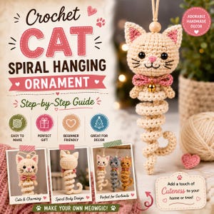 Op de afbeelding: Een beige gehaakt kat-spiraal hangend ornament met een roze strik, een klein gouden belletje, zwarte ogen en een roze neus. De tekst luidt Crochet CAT SPIRAL HANGING ORNAMENT Step-by-Step Guide en Add a touch of Cuteness to your home or tree.