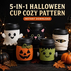 Halloween Cup Cozy Crochet Pattern, 5 in 1 Mug Hugger Patterns, Spooky Coffee Cozy, Halloween Crochet PDF, Witch Ghost Bat