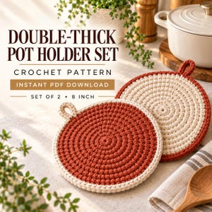 May include: A set of two round, double-thick crochet pot holders, each 8 inches in diameter. One pot holder is solid rust-orange with a cream border, and the other is cream with a rust-orange border. Text reads: DOUBLE-THICK POT HOLDER SET.