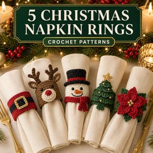 Op de afbeelding: Vijf gehaakte servetringen met kerstontwerpen: een kerstmanriem, een rendier, een sneeuwman, een kerstboom en een kerstster. Elke ring zit om een crèmekleurig servet. De tekst 5 CHRISTMAS NAPKIN RINGS CROCHET PATTERNS staat bovenaan de afbeelding.