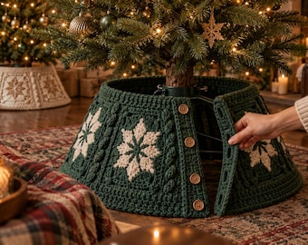 May include: A dark green crocheted Christmas tree collar featuring a repeating white snowflake pattern and vertical cable knit textures. The circular collar is secured with four round wooden buttons along the front opening, wrapping around the base.