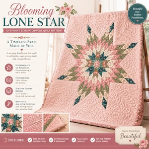 Op de afbeelding: Een quiltpatroon getiteld Blooming Lone Star met een 8-puntig sterontwerp in roze, saliegroene en blauwgroene bloemenstoffen. De afgewerkte maat is 150 bij 150 cm. Het document bevat instructies, diagrammen en lay-outs voor dit project.