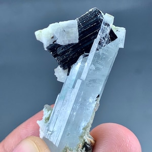61 Carat Aquamarine Crystal With Black Tourmaline Specimen From Pakistan