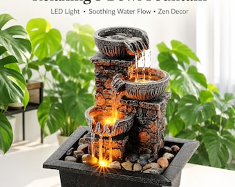3 Bowl Tabletop Waterfall Fountain with LED Light, Soothing Indoor Zen Water Feature for Home Office Meditation Decor