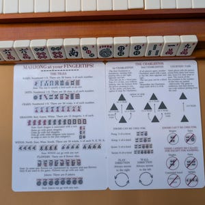 Pode incluir: Um conjunto de Mahjong com pe&ccedil;as brancas e uma prateleira de madeira. O conjunto inclui um guia com diagramas e texto explicando as regras do jogo e as combina&ccedil;&otilde;es de pe&ccedil;as. O texto no guia diz "MAHJONG at your FINGERTIPS!"