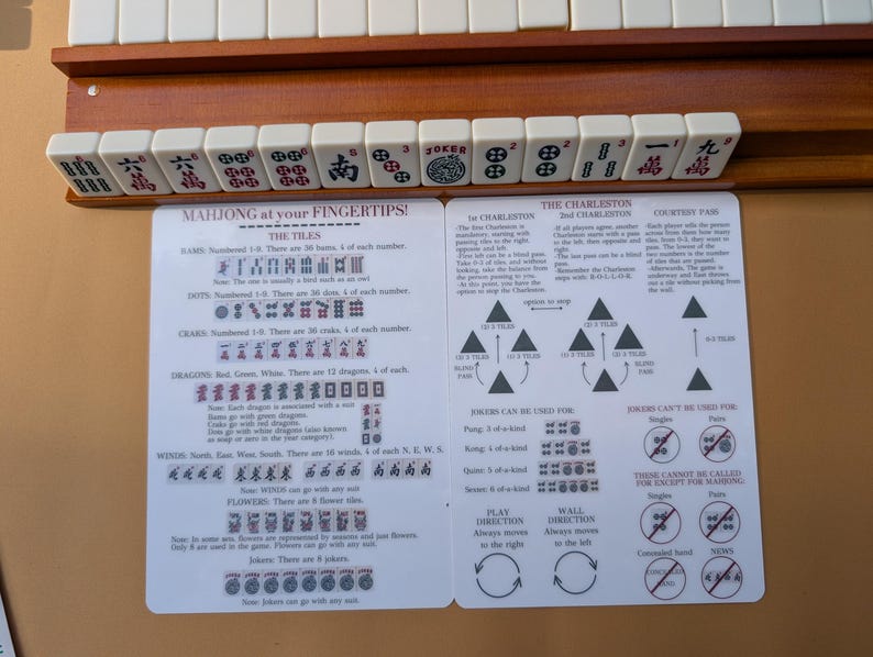 Pode incluir: Um conjunto de Mahjong com pe&ccedil;as brancas e uma prateleira de madeira. O conjunto inclui um guia com diagramas e texto explicando as regras do jogo e as combina&ccedil;&otilde;es de pe&ccedil;as. O texto no guia diz "MAHJONG at your FINGERTIPS!"