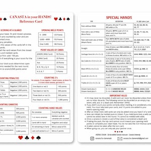 May include: Reference card for the card game Canasta, featuring scoring rules, point values, and special hand combinations. Includes text about counting penalties and counting canastas. The card is white with black and red text.