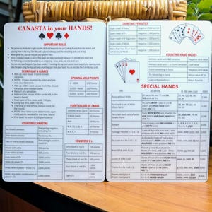 Canasta Reference Guide with scoring and special hands. 5.5 x 8.5 and laminated!