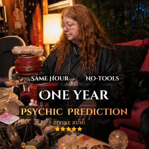 Könnte beinhalten: Eine Person mit langem rotem Haar in einem schwarzen Oberteil, hinter einem Tisch mit Kristallen und einer roten Schale. Der Text lautet: SAME HOUR NO-TOOLS ONE YEAR PSYCHIC PREDICTION DIVINE RUMI mit fünf gelben Sternen.