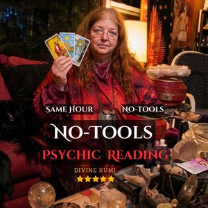 May include: A woman with long red hair and glasses holds three tarot cards. The image includes text that reads "SAME HOUR", "NO-TOOLS", and "PSYCHIC READING". The text also includes "DIVINE RUMI" and five gold stars.