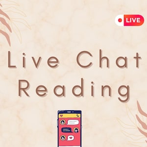 Puede incluir: Un fondo de mármol rosa y blanco con un diseño de hojas marrones a cada lado. El texto "Live Chat Reading" está en marrón con sombra. Un círculo rojo con un "LIVE" blanco en su interior se encuentra en la esquina superior derecha. Un teléfono inteligente con una pantalla de chat se encuentra en el centro de la imagen.