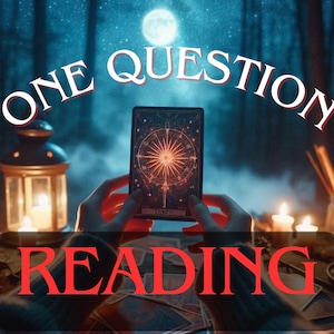 May include: An image with the text "ONE QUESTION READING". A tarot card with a compass design is held between two hands. The background features a full moon, candles, and a lantern, creating a mystical atmosphere.