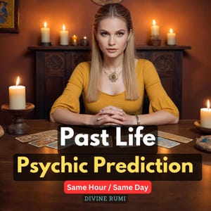Può includere: Una donna è seduta a un tavolo con candele accese e carte dei tarocchi disposte davanti a lei. Il testo recita "Past Life Psychic Prediction Same Hour / Same Day DIVINE RUMI".