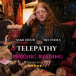 May include: An image featuring a woman with long red hair and glasses, touching her forehead. Text on the image reads "SAME HOUR NO-TOOLS TELEPATHY PSYCHIC READING" and "DIVINE RUMI" with five gold stars. The setting appears to be a dimly lit room.