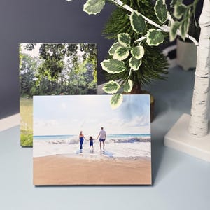 May include: Two rectangular photo prints, one with a forest scene and the other with a family at the beach. A small green Christmas tree and decorative white and green leaves are also present.