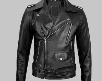 Giacca da motociclista classica nera in pelle di bufalo fatta a mano, modello Brando Biker