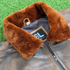 Vintage Leather Flight Jacket, Handmade Brown Vaxed Bomber, Shearling Fur Collar Aviator Pilot Coat image 7