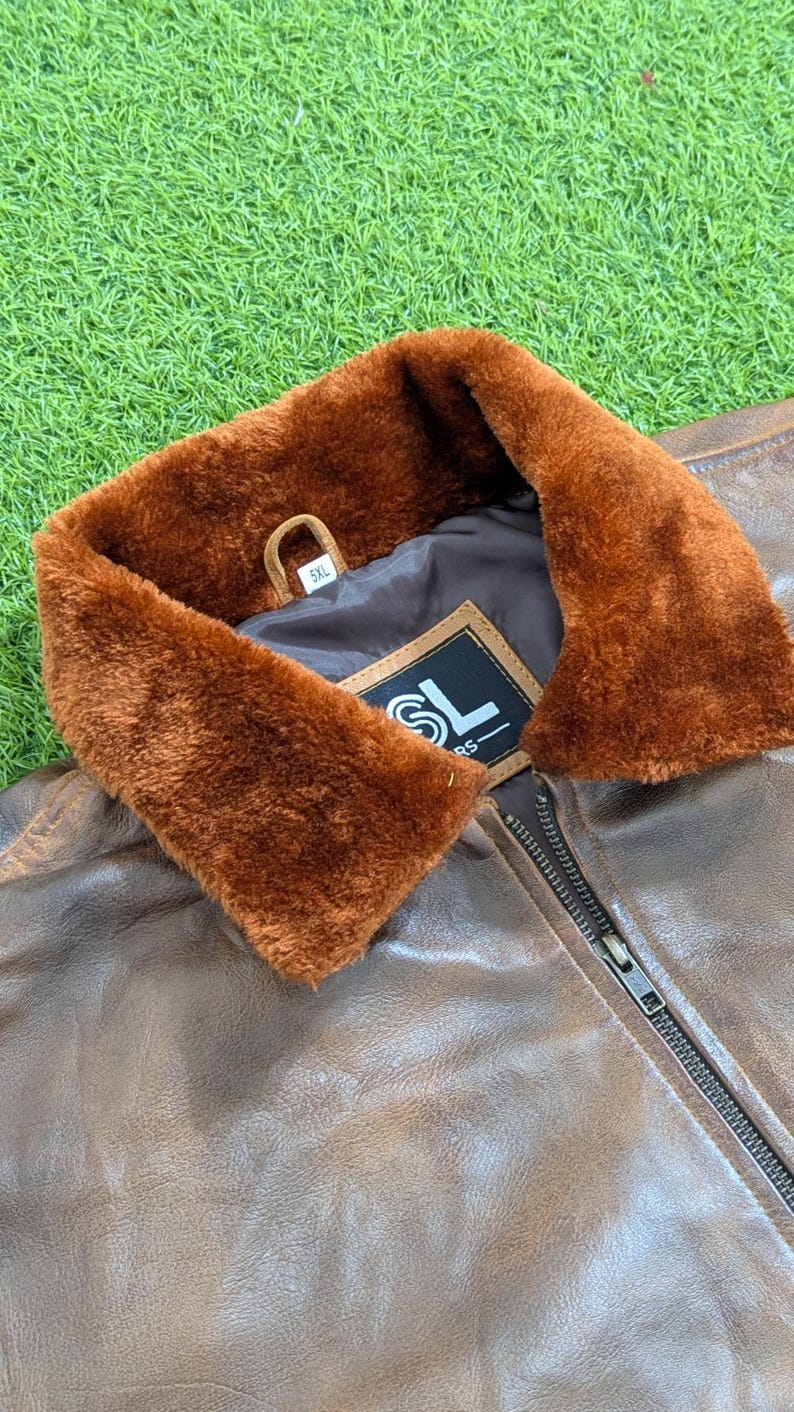 Vintage Leather Flight Jacket, Handmade Brown Vaxed Bomber, Shearling Fur Collar Aviator Pilot Coat image 7