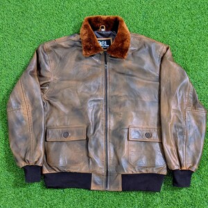 Vintage Leather Flight Jacket, Handmade Brown Vaxed Bomber, Shearling Fur Collar Aviator Pilot Coat image 5