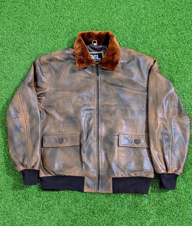 Vintage Leather Flight Jacket, Handmade Brown Vaxed Bomber, Shearling Fur Collar Aviator Pilot Coat image 5