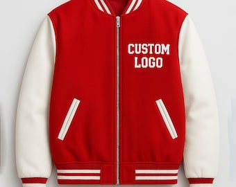 Varsity Jacket - Red Letterman Jacket - Embroidered Wool Body Leather Sleeves - Metal Zipper Closure