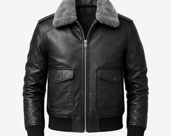 Black Leather B3 Aviator Bomber Jacket – Faux Shearling Fur Collar, Winter Flight Pilot Jacket
