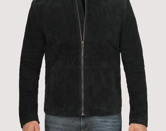 Giacca in pelle scamosciata nera fatta a mano, stile vintage, da uomo