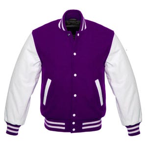 Varsity Wool Bomber with Leather Sleeves, Stand Up Collared, Front Button Detail, College Jacket for Men and Women, Ribbed Cuff