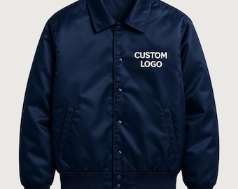 Satin Bomber Jacket - Navy Blue Letterman Varsity Jacket Embroidered Gift - Folded Collar , Snap-buttons