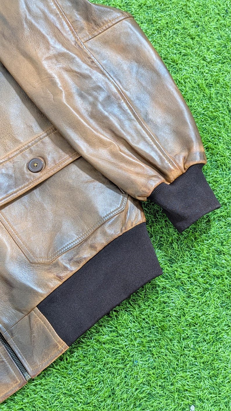 Vintage Leather Flight Jacket, Handmade Brown Vaxed Bomber, Shearling Fur Collar Aviator Pilot Coat image 8
