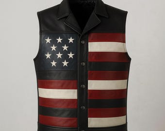 Handmade American Flag Leather Biker Vest | Cowhide Moto Vest