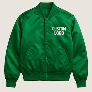 Green Satin Bomber Jacket - Letterman College Jacket - Custom Logo Embroidered Silk Fabric - Snap Buttons
