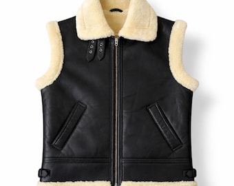 Men’s Black Shearling Leather Vest | Real Sheepskin Aviator Gilet | Cream Fur Lined Winter Vest