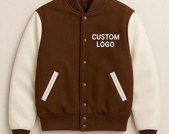 Wool Varsity Bomber Jacket - Genuine Leather Sleeves Letterman Jacket - Custom Logo Embroidered Gift